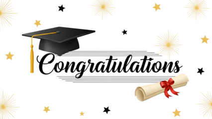 Graduation greeting card with a mortarboard diploma and stars vector illustration for congratulations and celebration