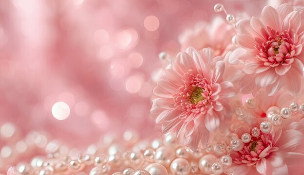 Pastel pink gerbera daisies with pearl strands. Bokeh background. Soft and romantic