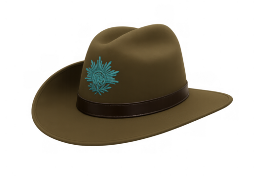 Australian army slouch hat featuring the rising sun badge, representing military history and remembrance with transparent background