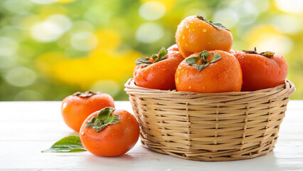 Fresh ripe persimmons in a basket on a white wooden table against a blurred green background, offering a delightful and healthy fruit option