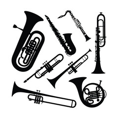 Collection of black silhouettes of brass and woodwind musical instruments