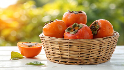 A wicker basket filled with ripe persimmons on a white wooden table, set against a blurred background, showcasing the beauty of fresh fruit