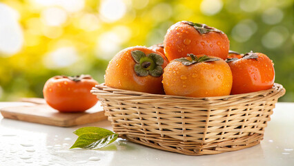 A delightful arrangement of ripe persimmons in a wicker basket on a white table, with a blurred background, perfect for a healthy snack