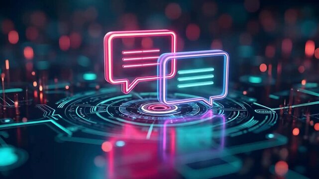 Futuristic digital chat communication animation showing neon speech bubbles over virtual interface, representing online messaging, artificial intelligence, technology, and social media network