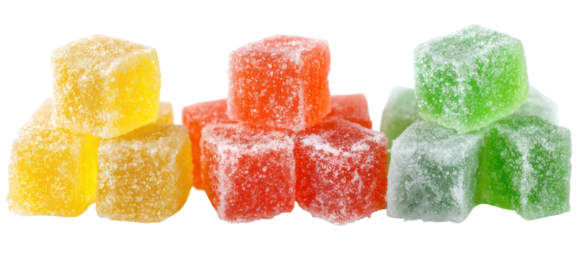 Three Piles of Sour Candy, Gummy Candy, and Sugar Candy Side by Side on Transparent Background