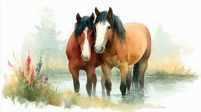 Two brown horses are standing next to each other in a pond with a beautiful flower garden in the background