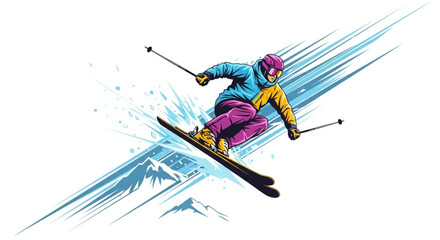 Man Skiing Fast on Mountain Slope – Outdoor Winter Sports Vector