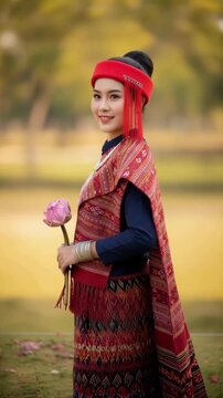 Serene Asian woman with beautiful happy smile in traditional Tai Lue costume, gently holding pink lotus flower