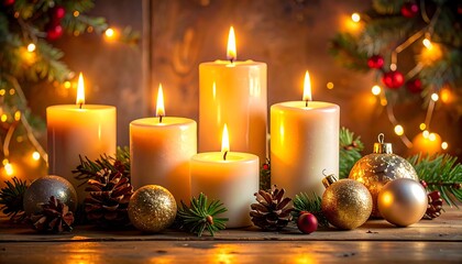 Cozy holiday arrangement featuring lit candles, festive ornaments, pine cones, and greenery