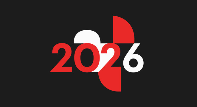 The year 2026 is represented by bold red and white numbers against a dark background, with abstract geometric shapes.