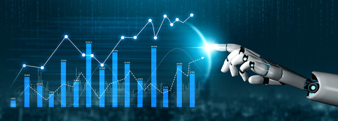 A robotic hand touches a glowing data graph on a digital screen, representing the integration of...