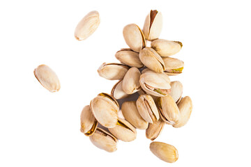 Fake Flying pistachios in mid-air against an isolated backdrop. Suitable for advertising campaigns, showcasing the freshness and quality of the nuts.