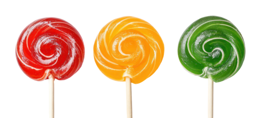 Three swirl lollipops red orange green isolated on transparent background