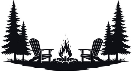 Silhouette of adirondack chairs and campfire in a pine forest setting