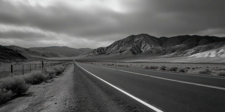Dramatic monochrome landscape featuring a long road leading towards distant mountains beneath an overcast sky creating a moody travel scene