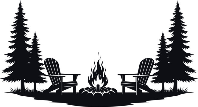Silhouette of adirondack chairs and campfire in a pine forest setting