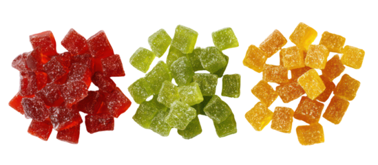 Three Piles of Sugar Candy, Gummy Candy, and Chocolate Candy Side by Side on Transparent Background