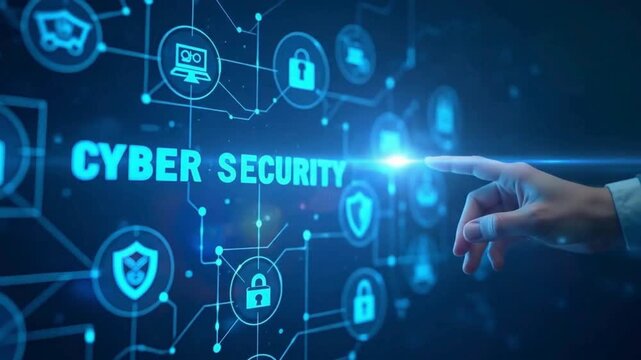 Cybersecurity technology interface animation showing digital protection network and data safety system with futuristic hand touch, secure online connection, cyber defense concept video - Powered by Adobe