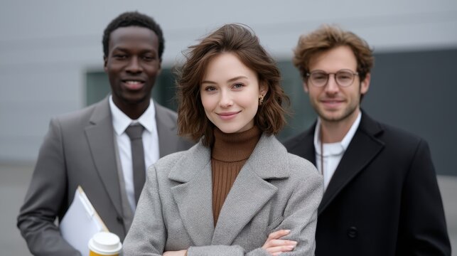 Diverse and confident business team stands together outdoors ready for success and innovation in their collaborative venture