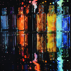 Colorful glass bottles with abstract bubbles background
