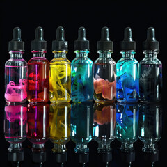 Colorful glass perfume bottles on black background