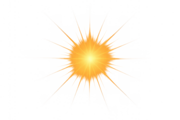 Glowing sun bursting light effect overlaying transparent background with realistic bright lens flare and starburst rays