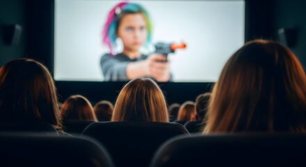 Fototapeta premium Enthralled Audience Watching Action Movie in Cinema Hall Immersed in Entertainment Sharing the Collective Experience Enjoying a Night Out at the Movies with Friends