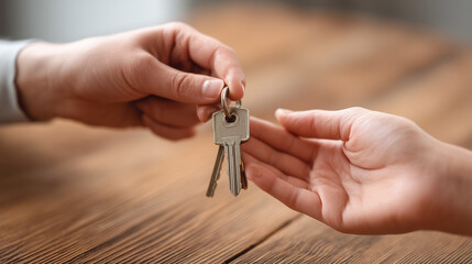 Hand handing over a set of keys to another hand on a wooden surface in a close up shot indoors