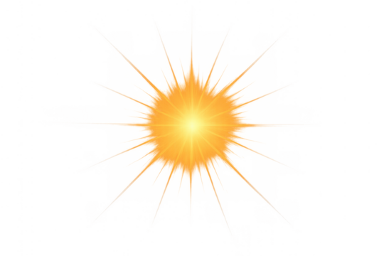 Glowing sun bursting light effect overlaying transparent background with realistic bright lens flare and starburst rays - Powered by Adobe