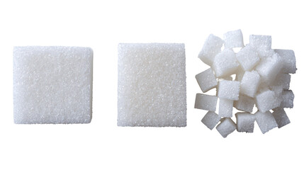 Three Piles of Sugar Cubes in Square, Rectangular, and Irregular Shapes on Transparent Background