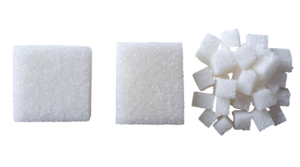 Three Piles of Sugar Cubes in Square, Rectangular, and Irregular Shapes on Transparent Background