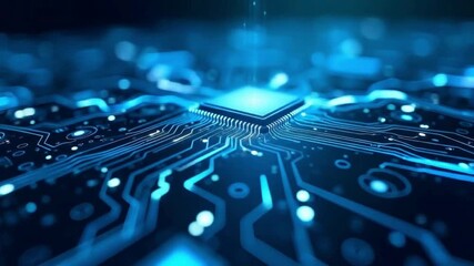 Futuristic ai processor with glowing blue circuits and digital energy flow animation, symbolizing technology innovation, artificial intelligence, data processing, and cyber network background video - Powered by Adobe