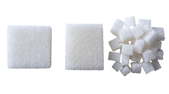 Three Piles of Sugar Cubes in Square, Rectangular, and Irregular Shapes on Transparent Background