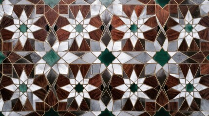 Intricate Geometric Star Pattern Mosaic with Wood, Marble, and Green Stone Inlay