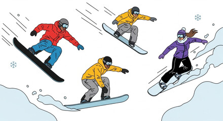 People Snowboarding on Mountain Slopes – Winter Extreme Sport Illustration