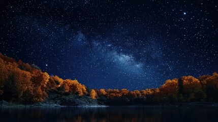 A serene night sky with stars and a milky way, with a forest illuminated by the moonlight and a calm lake reflecting the stars.