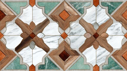 Seamless Geometric Floral Mosaic Tile Pattern with Wood Grain, White Marble, and Green Stone