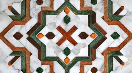 Intricate Geometric Star Pattern Mosaic with White Marble, Wood, and Green Stone Inlay