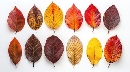 Fototapeta premium A collection of autumn leaves arranged in a grid on a white background.