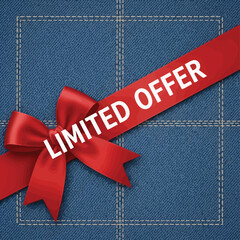 blue jeans label with red ribbon on white background