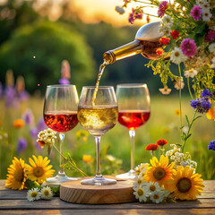 Pouring wine into glasses on a wooden board surrounded by colorful flowers
