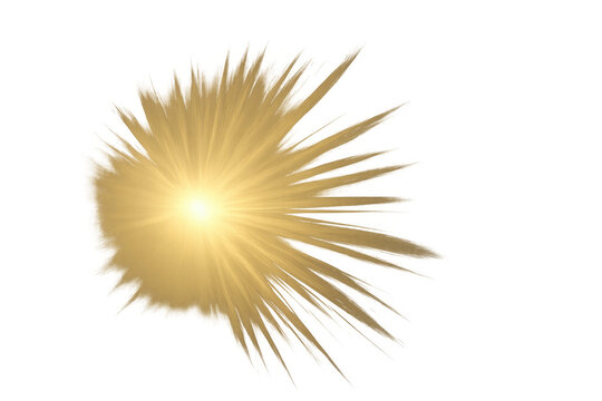 Golden sunburst lens flare effect with bright light source and long light rays on transparent background