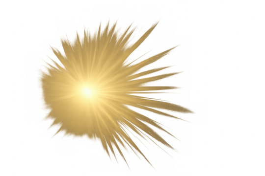 Golden sunburst lens flare effect with bright light source and long light rays on transparent background