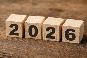 Wooden Blocks Spell Out The Year 2026 On A Rustic Wooden Surface Symbolizing The Upcoming New Year And Future Prospects