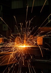 Bright, fiery sparks erupt from a metal surface during intense fabrication, illuminating the industrial workspace with dynamic energy ,equipment ,joining ,brilliant