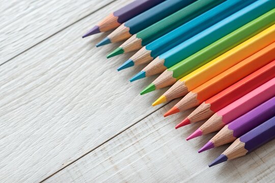 colored pencils arranged on a white background and wooden table
