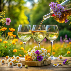 Pouring white wine into glasses on a wooden board surrounded by flowers