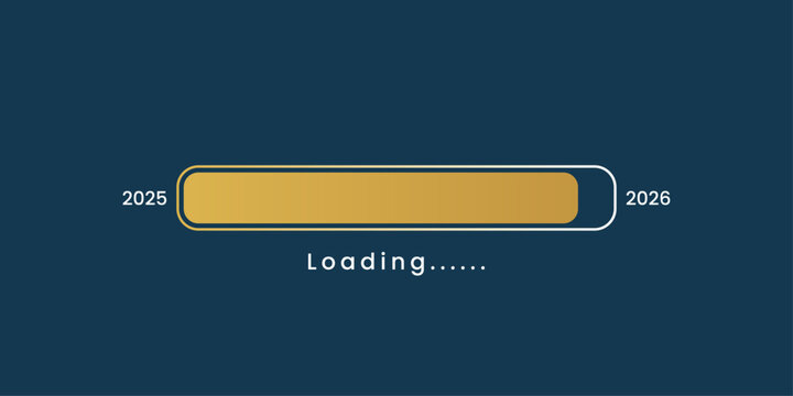 Happy New Year 2026 concept image showing a "Loading..." progress bar, with the years 2025 and 2026 marking the beginning and end of the transition.