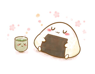 Watercolor illustration of a cute rice ball and green tea relaxing together, kawaii onigiri character with cherry blossoms, Japanese food, copy space, transparent background