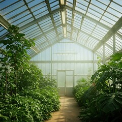 Bright, natural daylight streams through the transparent panels of a spacious greenhouse, illuminating lush green foliage and thriving plants ,sustainable ,organic ,vibrant